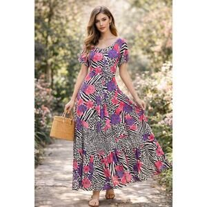 VTG Floral Animal Print Maxi Dress L Short Sleeve Zebra Leopard Pink Purple Boho